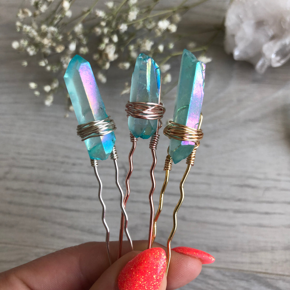 Aqua Aura Quartz Crystal Hair Pin – Wholehearted Crystal Creations