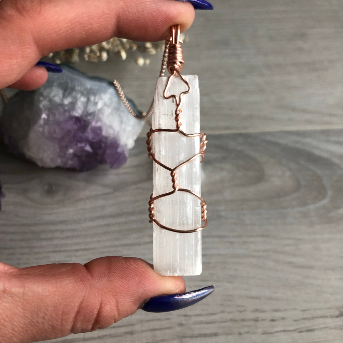 Selenite wire wrapped crystal necklace on rose gold chain – Wholehearted Crystal Creations