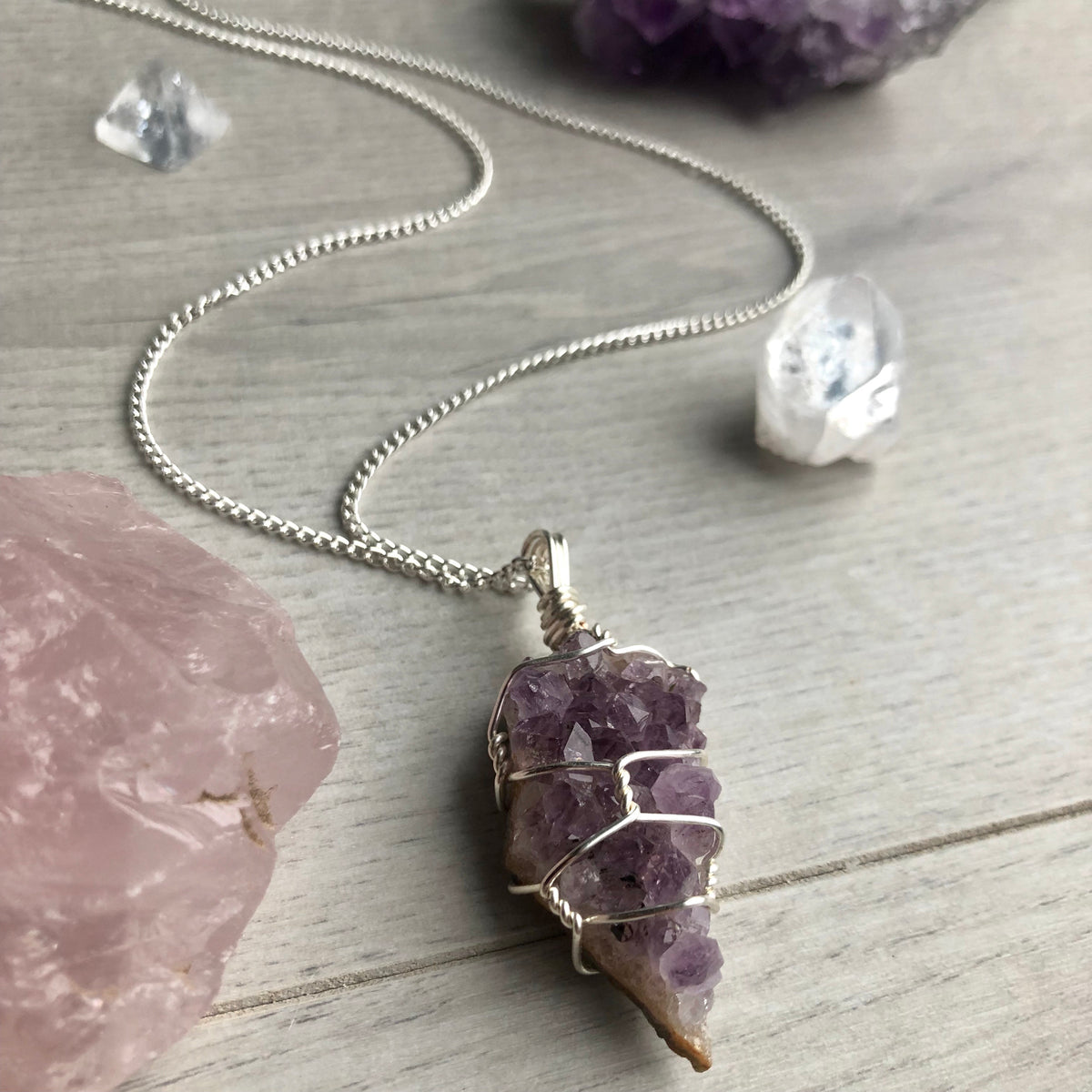 Amethyst cluster wire wrapped crystal necklace on silver chain – Wholehearted Crystal Creations