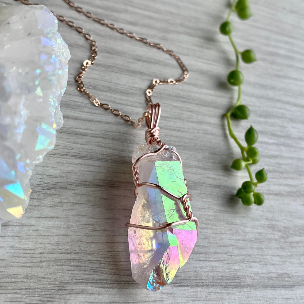 Angel aura quartz wire wrapped crystal necklace on rose gold chain – Wholehearted Crystal Creations