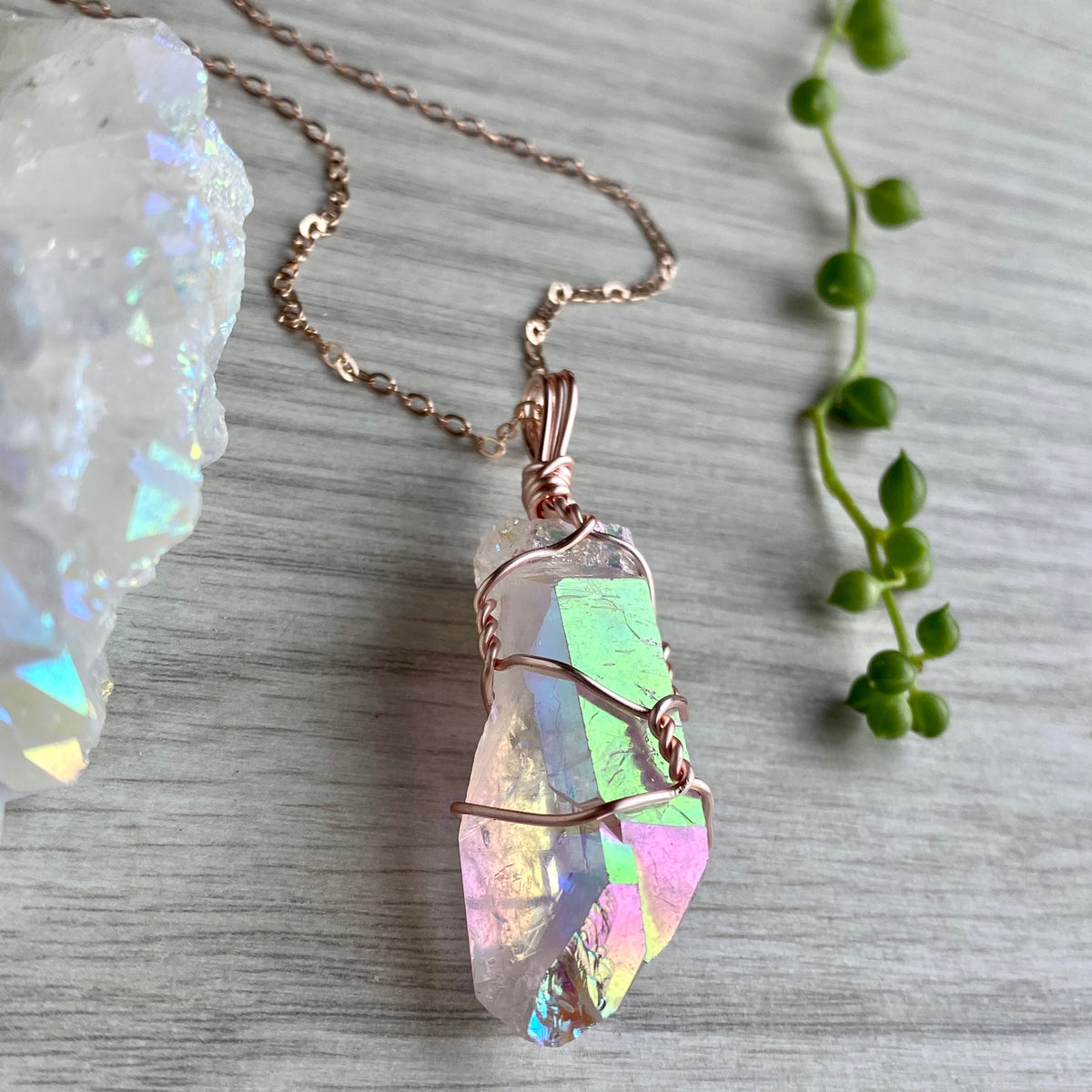 Angel aura quartz wire wrapped crystal necklace on rose gold chain – Wholehearted Crystal Creations