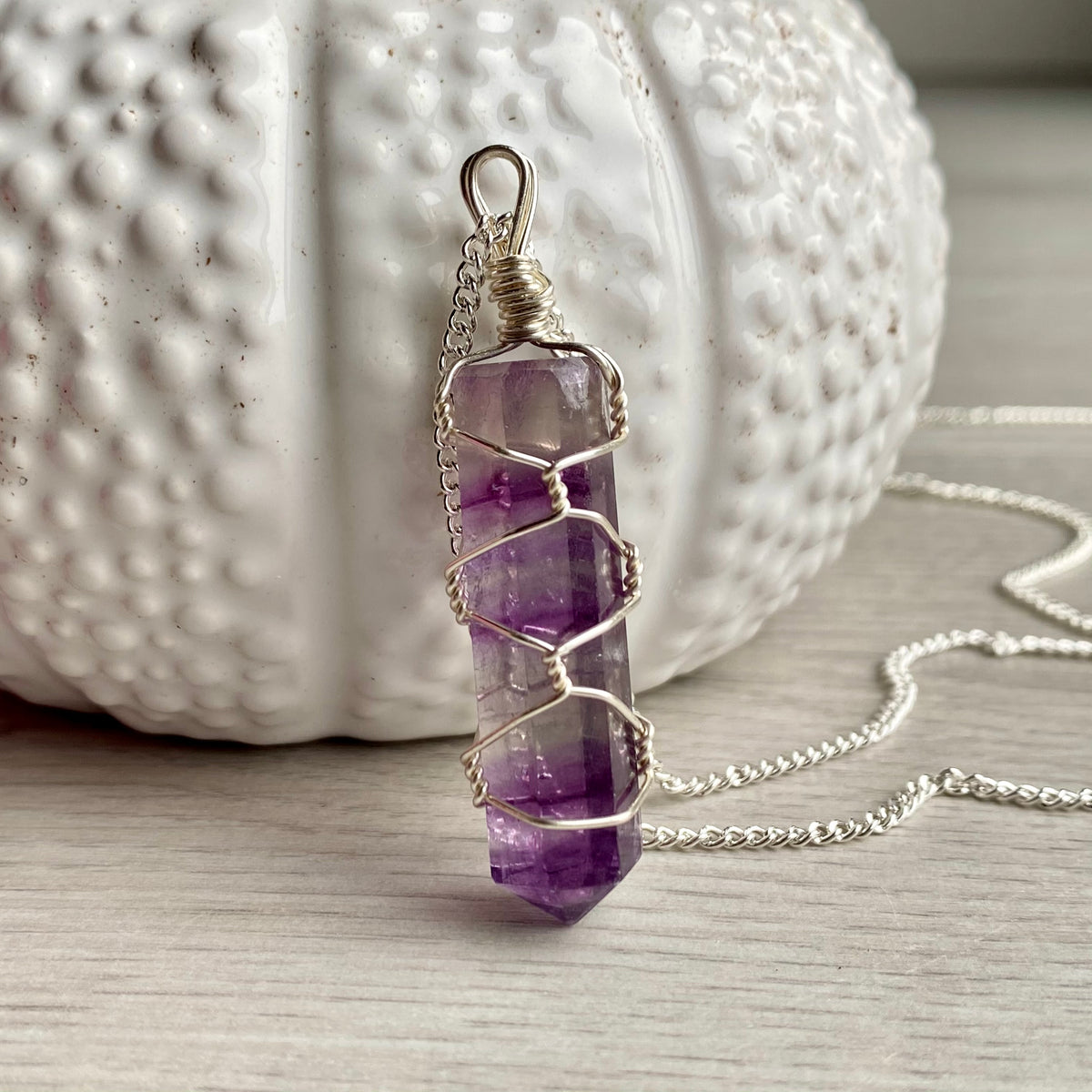 Fluorite wire wrapped crystal necklace on silver chain – Wholehearted Crystal Creations
