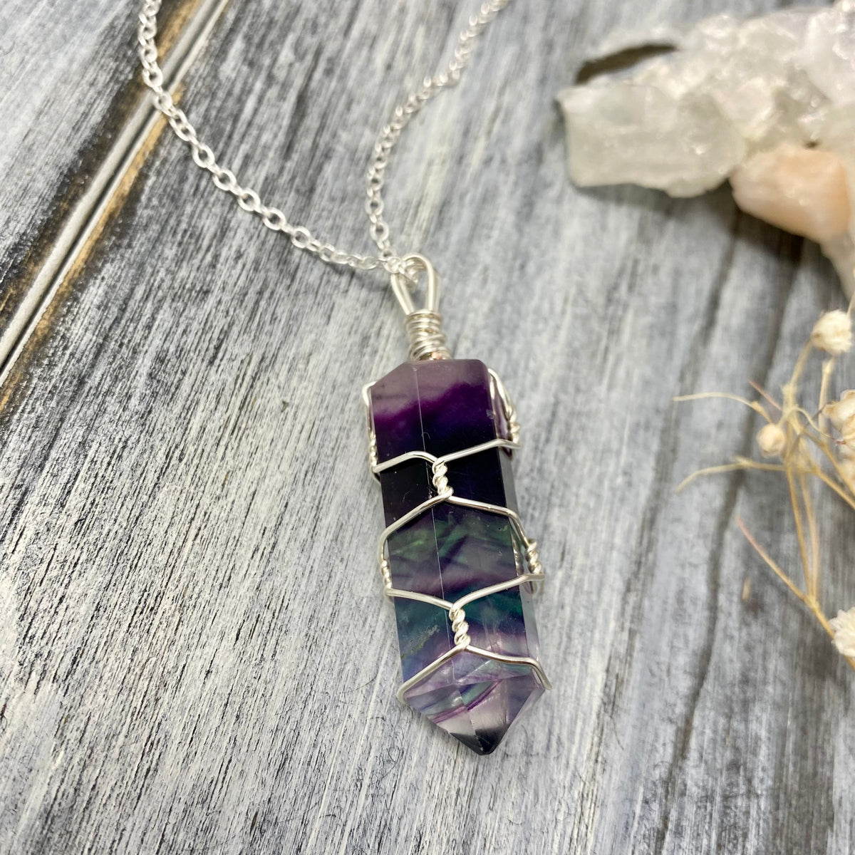 Rainbow fluorite wire wrapped crystal necklace on silver chain – Wholehearted Crystal Creations