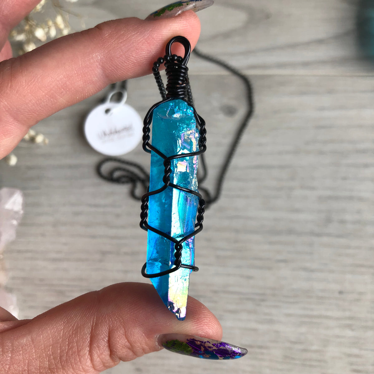 Aqua Aura Quartz on Black Ball Chain – Wholehearted Crystal Creations