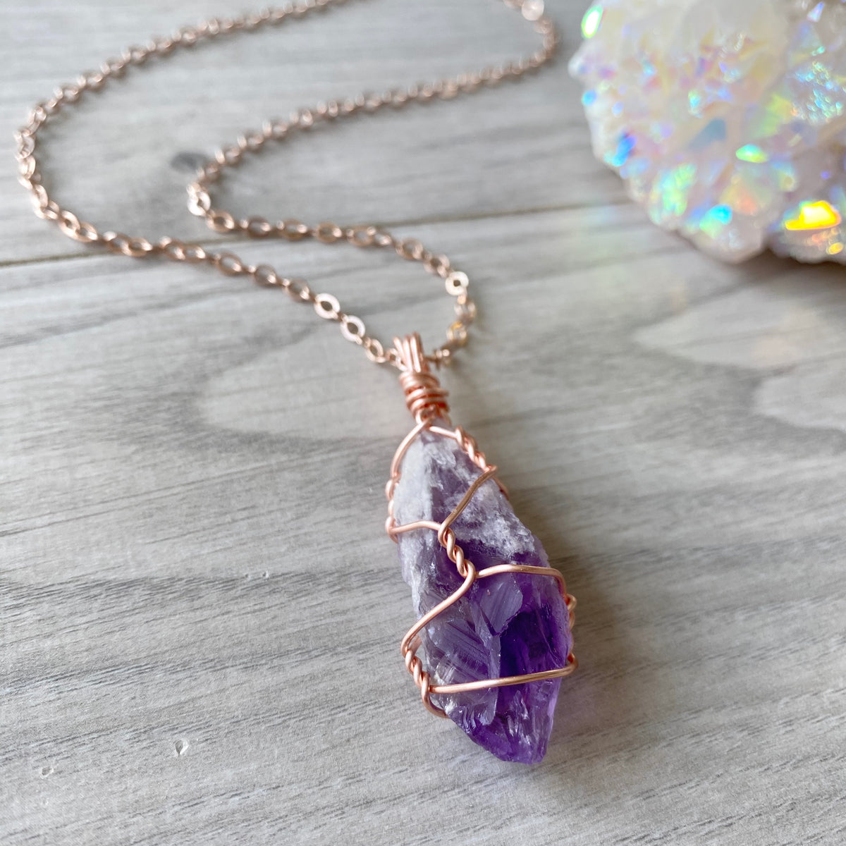 Amethyst (raw) wire wrapped crystal necklace on rose gold chain – Wholehearted Crystal Creations