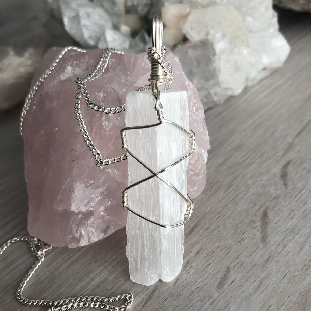 Selenite wire wrapped crystal necklace on silver chain – Wholehearted Crystal Creations