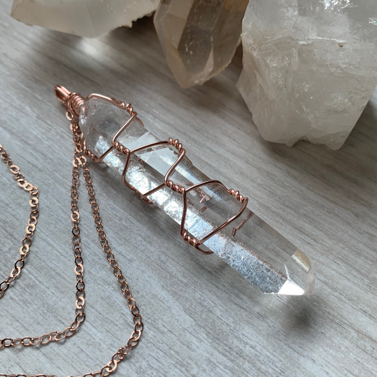 Singing Quartz Wire Wrapped Necklace Rose Gold – Wholehearted Crystal Creations