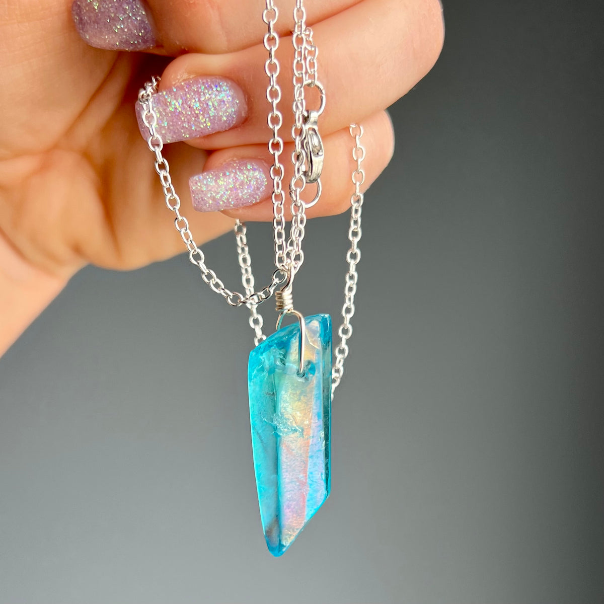 Aqua aura quartz wire wrapped crystal necklace on silver chain – Wholehearted Crystal Creations