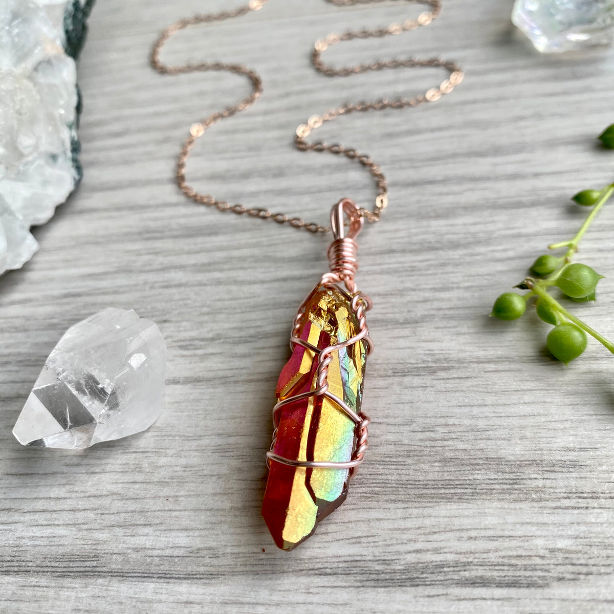 Sunset aura quartz wire wrapped crystal necklace on rose gold chain – Wholehearted Crystal Creations