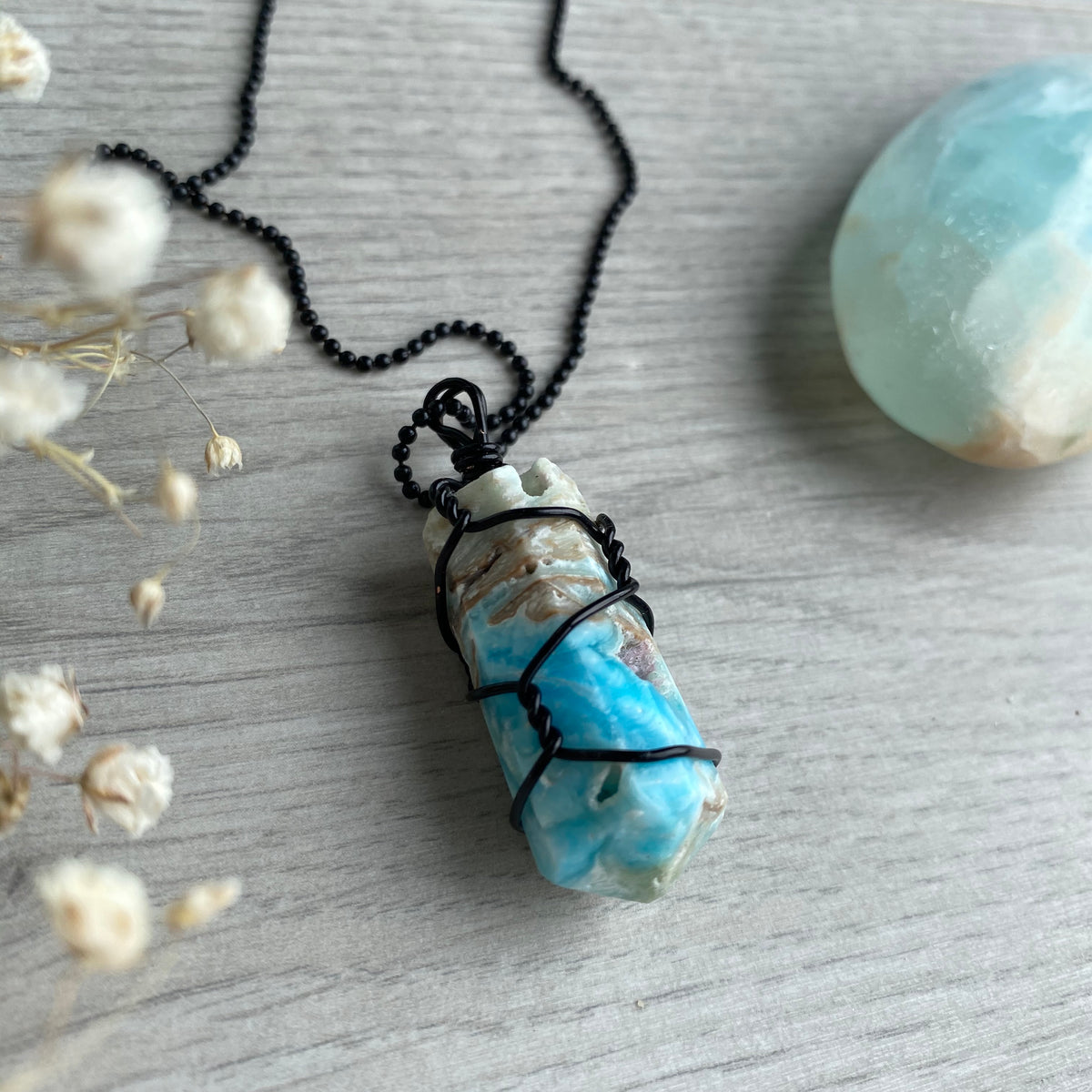 Blue aragonite (calcite) wire wrapped crystal necklace on black chain – Wholehearted Crystal Creations