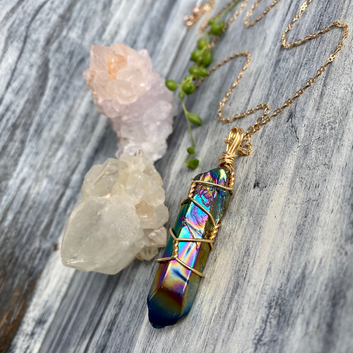 Titanium Aura Quartz Gold Wire Wrapped Necklace – Wholehearted Crystal Creations
