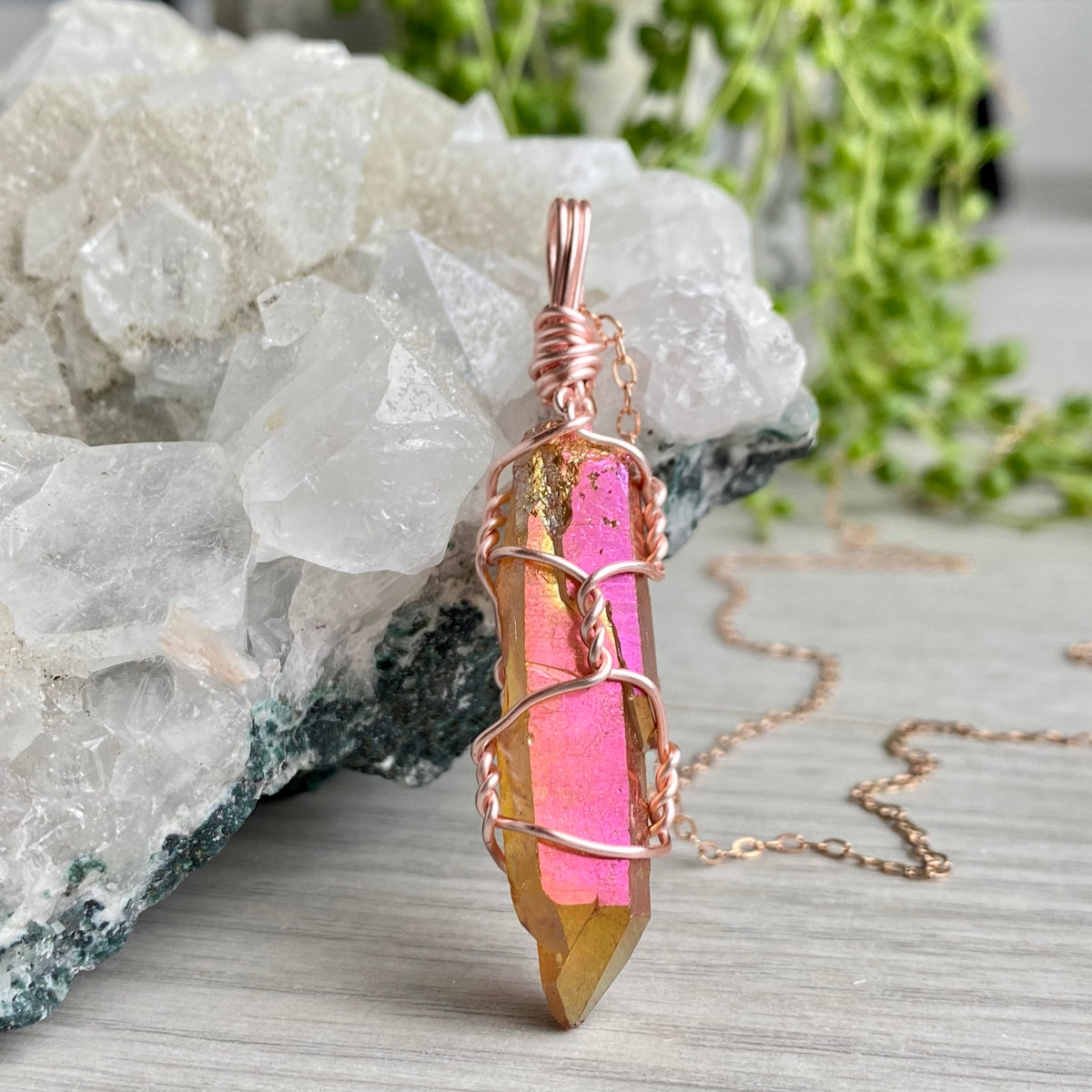 Sunset aura quartz wire wrapped crystal necklace on rose gold chain – Wholehearted Crystal Creations