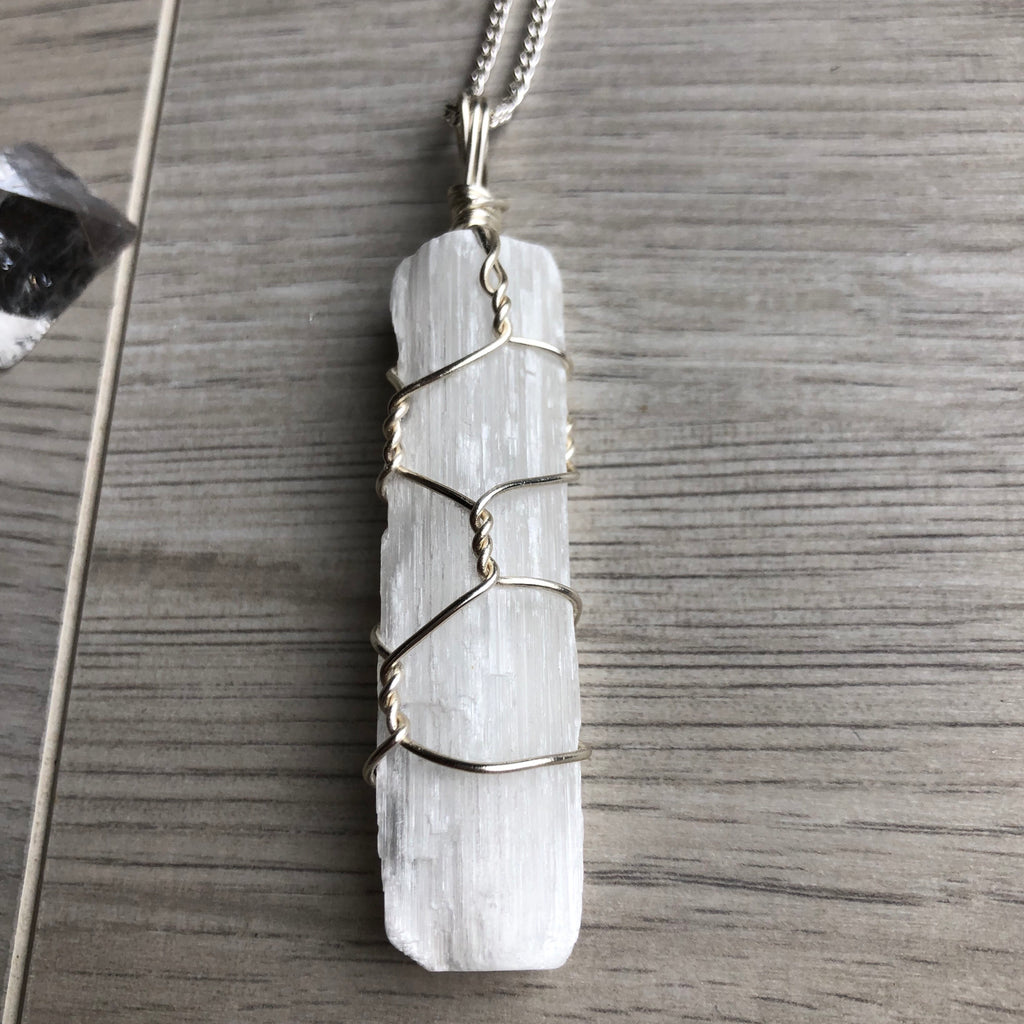 Selenite wire wrapped crystal necklace on silver chain – Wholehearted Crystal Creations