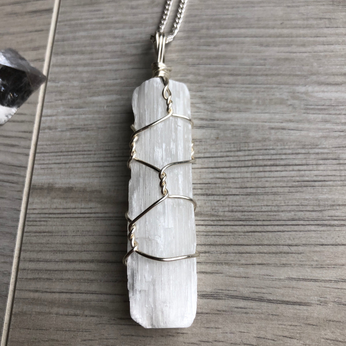 Selenite wire wrapped crystal necklace on silver chain – Wholehearted Crystal Creations