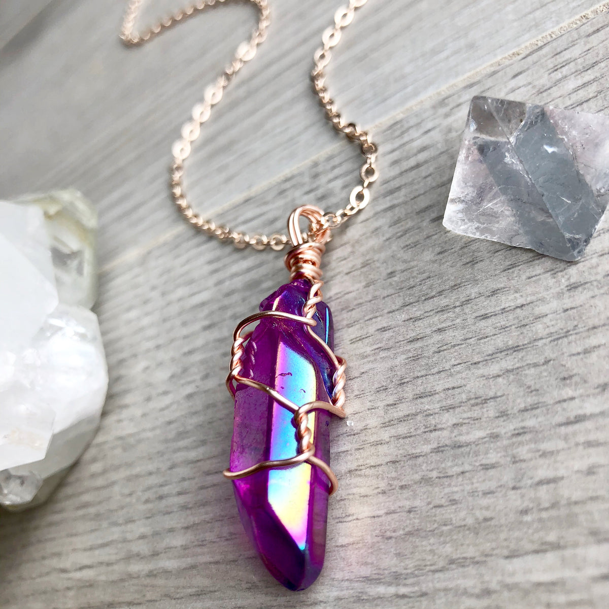 Purple (grape) aura quartz wire wrapped crystal necklace on rose gold chain – Wholehearted Crystal Creations