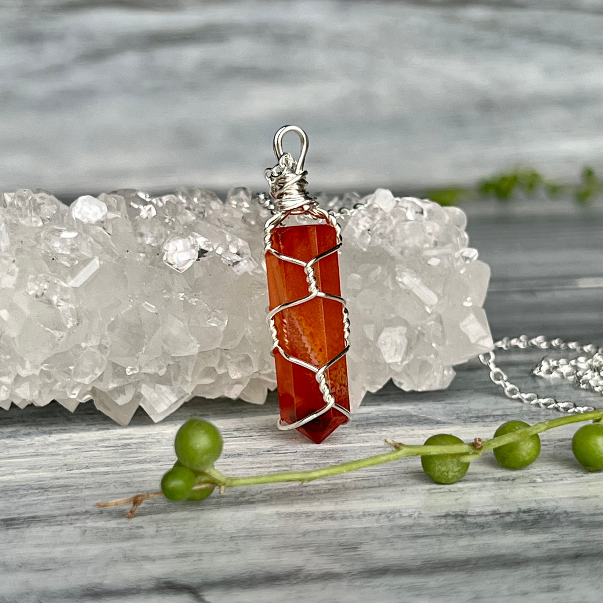 Carnelian wire wrapped crystal necklace on silver chain – Wholehearted Crystal Creations