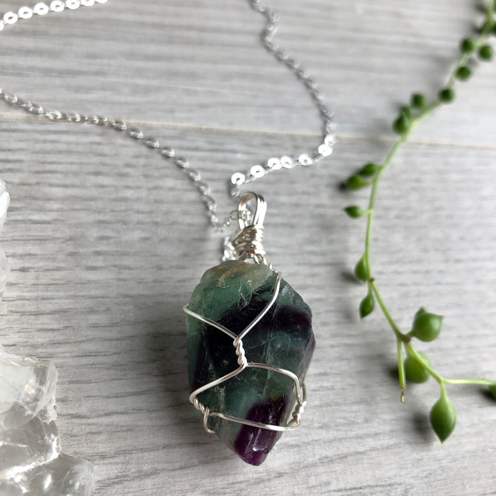 Rainbow fluorite (raw) wire wrapped crystal necklace on silver chain – Wholehearted Crystal Creations