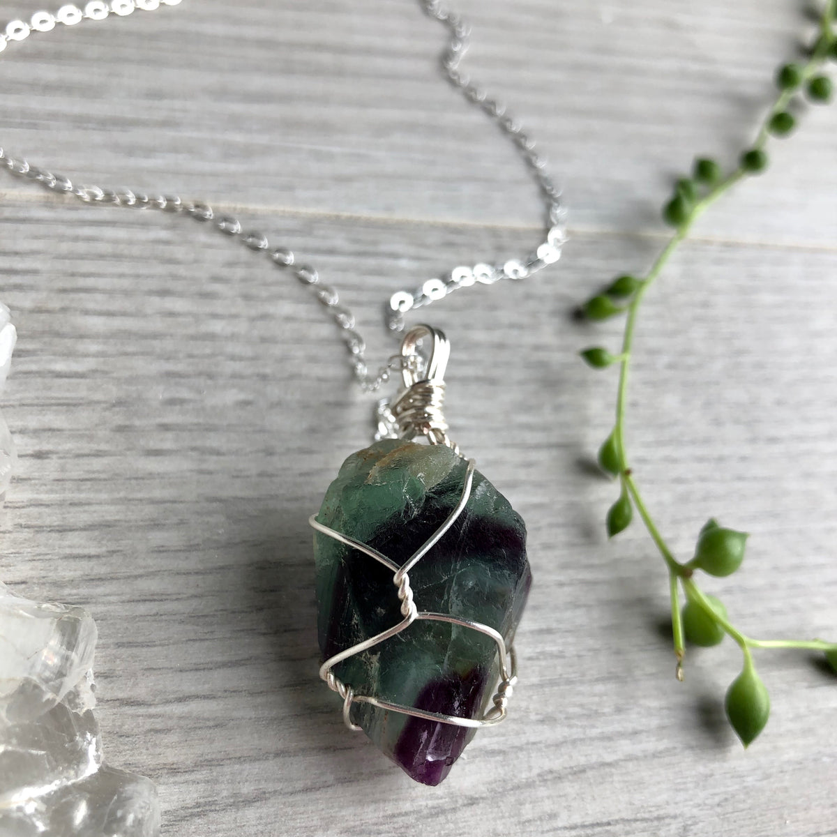 Rainbow fluorite (raw) wire wrapped crystal necklace on silver chain – Wholehearted Crystal Creations