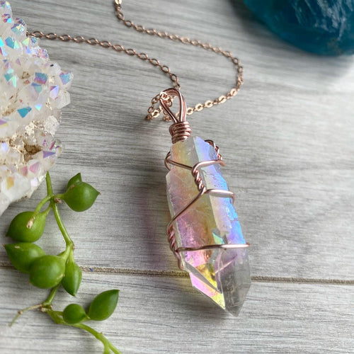 Angel aura quartz wire wrapped crystal necklace on rose gold chain – Wholehearted Crystal Creations