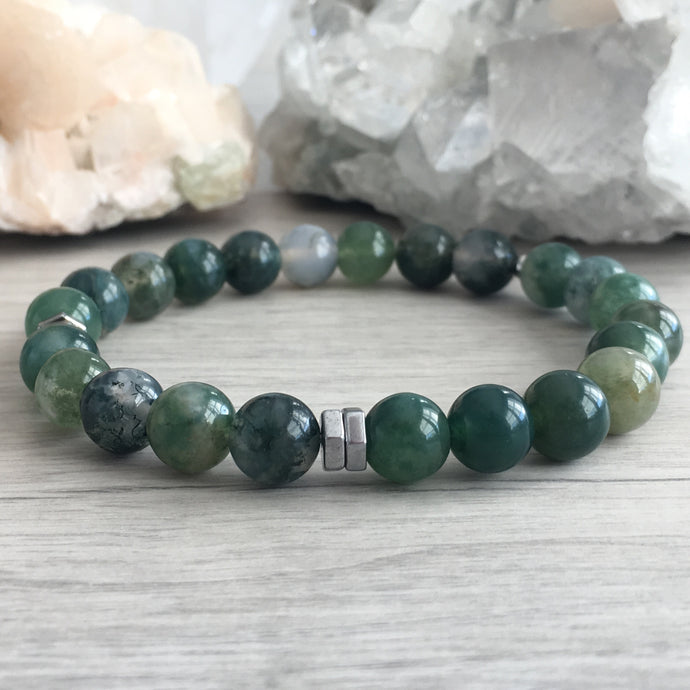 Moss Agate Stretch Bracelet/Hematite Spacers