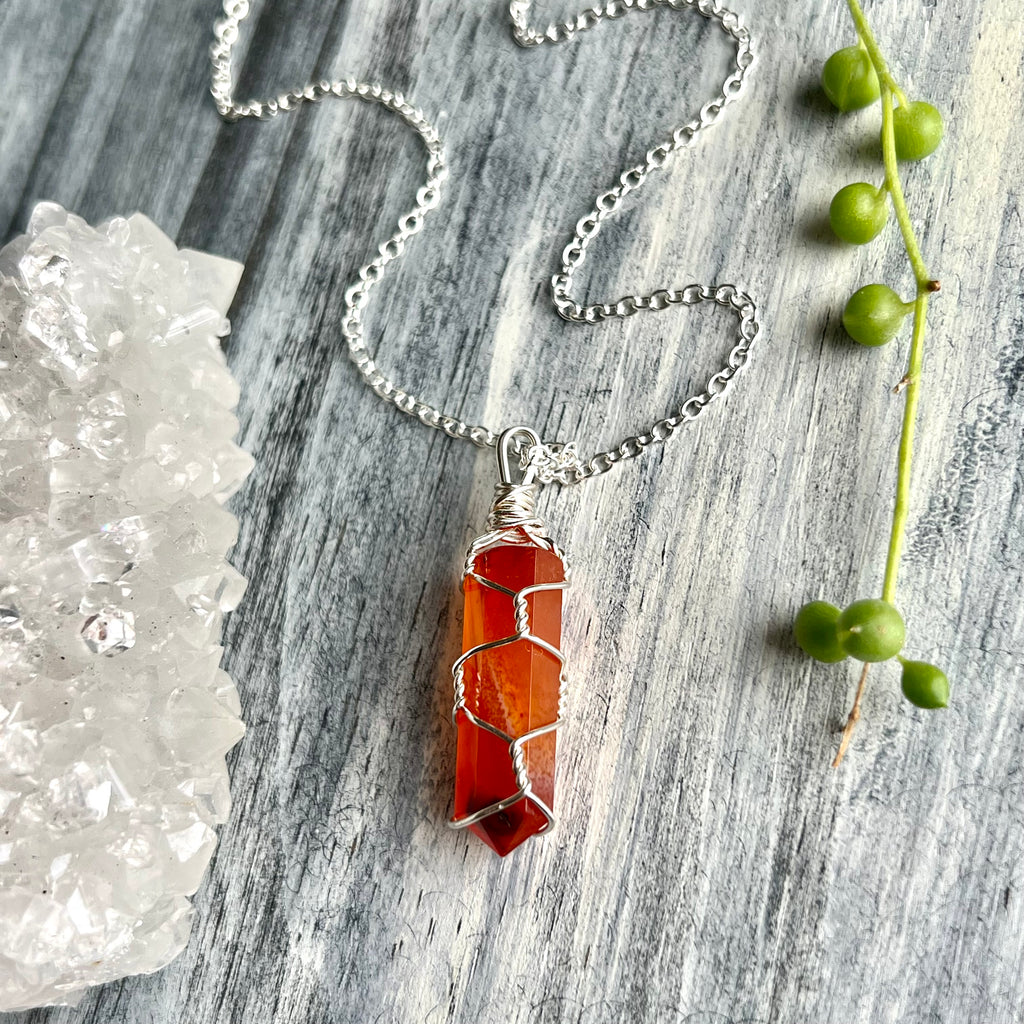 Carnelian wire wrapped crystal necklace on silver chain – Wholehearted Crystal Creations