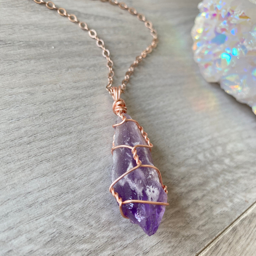 Amethyst (raw) wire wrapped crystal necklace on rose gold chain – Wholehearted Crystal Creations