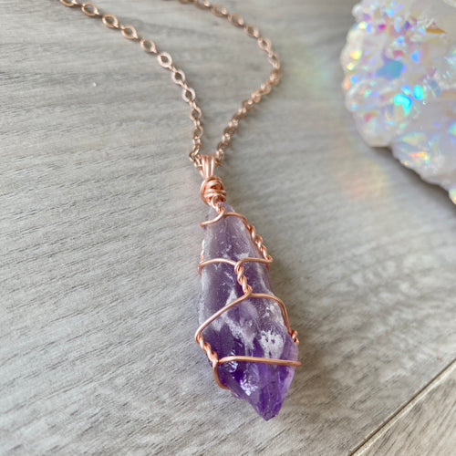 Amethyst (raw) wire wrapped crystal necklace on rose gold chain – Wholehearted Crystal Creations