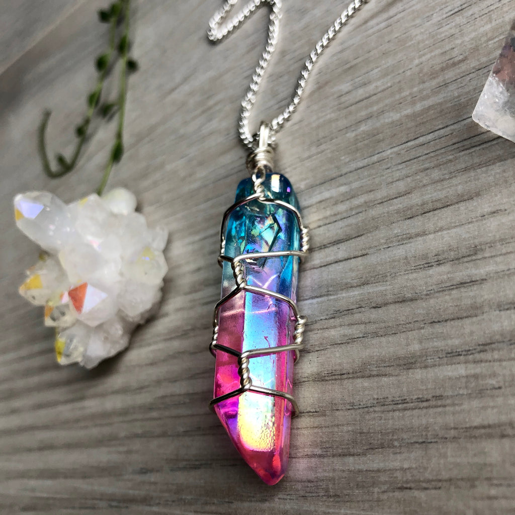 Aura quartz wire wrapped crystal necklace on silver chain – Wholehearted Crystal Creations