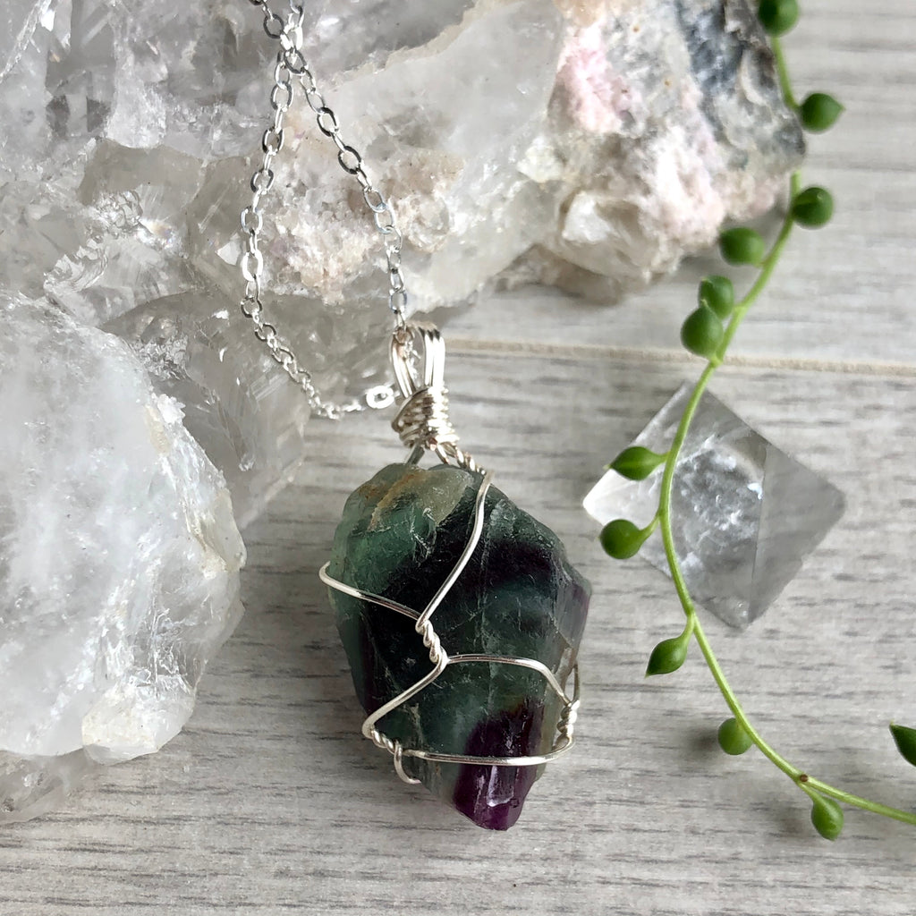Rainbow fluorite (raw) wire wrapped crystal necklace on silver chain – Wholehearted Crystal Creations