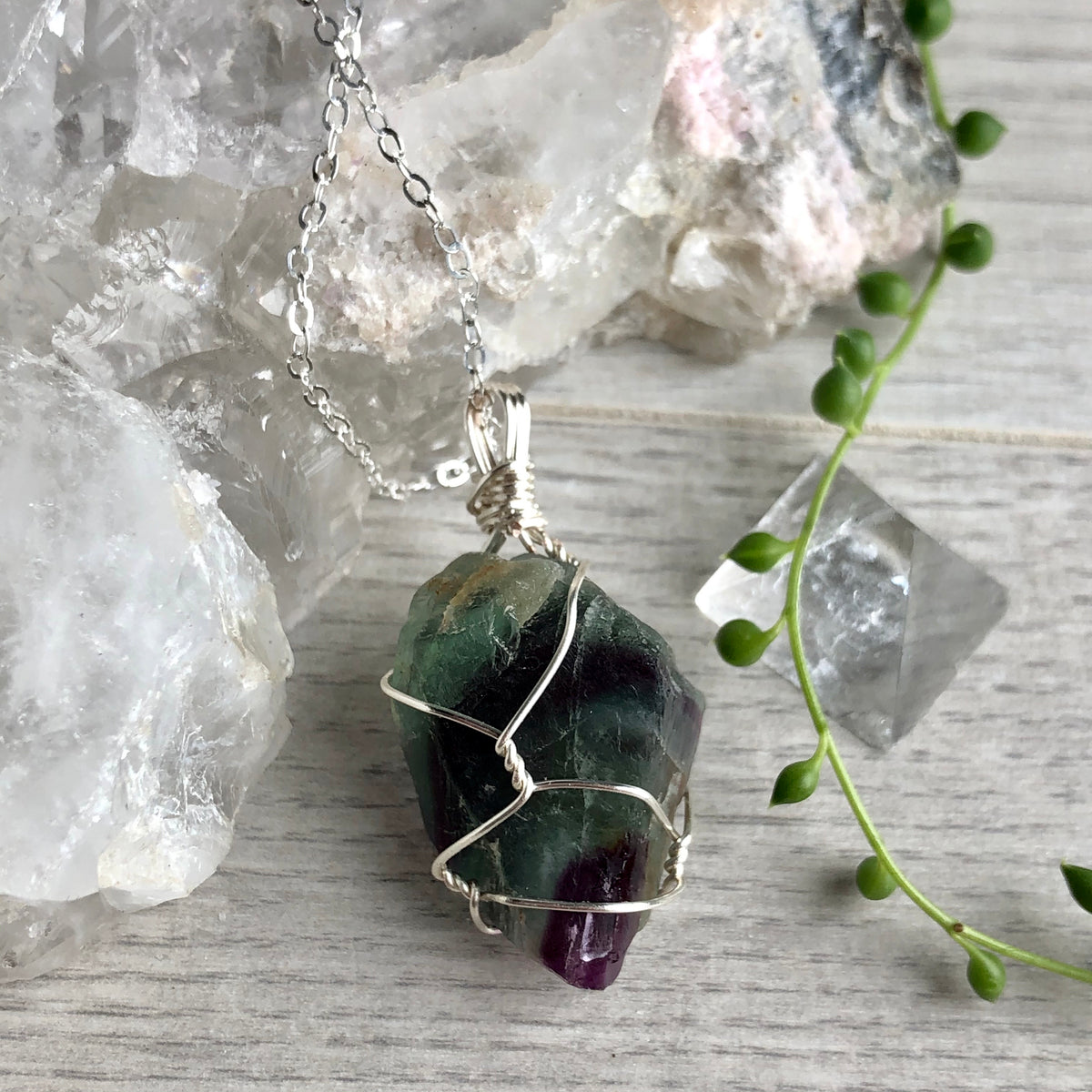 Rainbow fluorite (raw) wire wrapped crystal necklace on silver chain – Wholehearted Crystal Creations