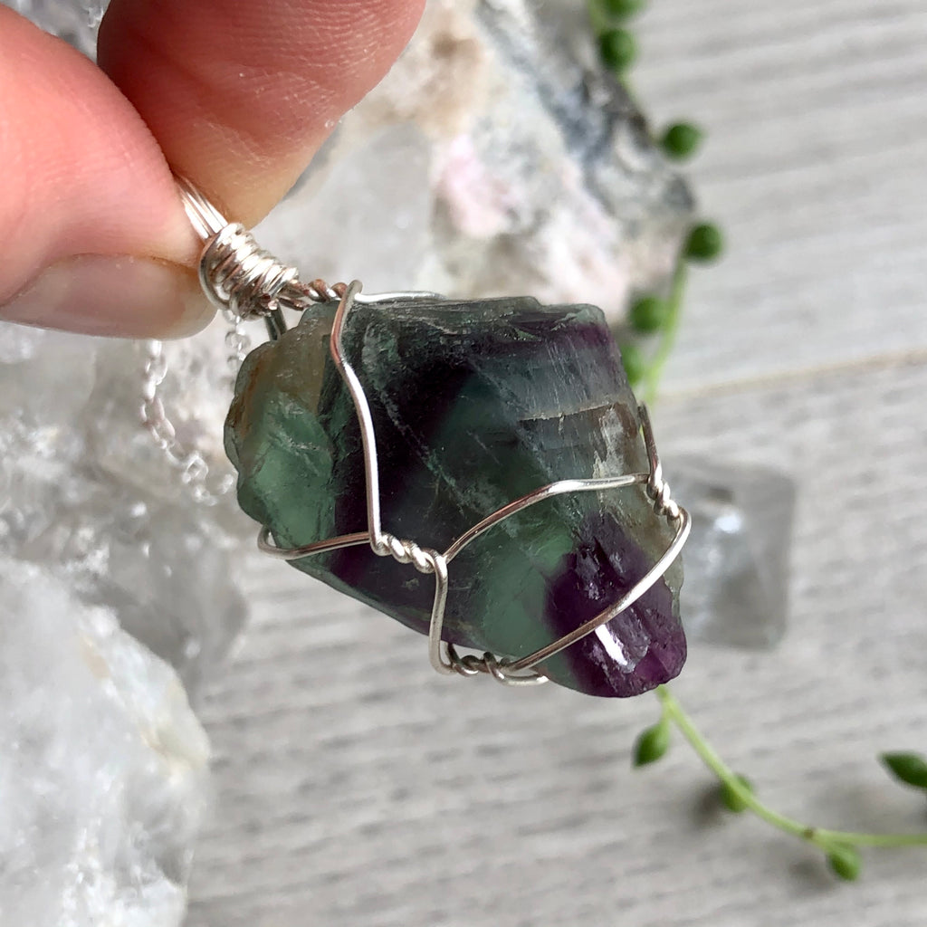 Rainbow fluorite (raw) wire wrapped crystal necklace on silver chain – Wholehearted Crystal Creations