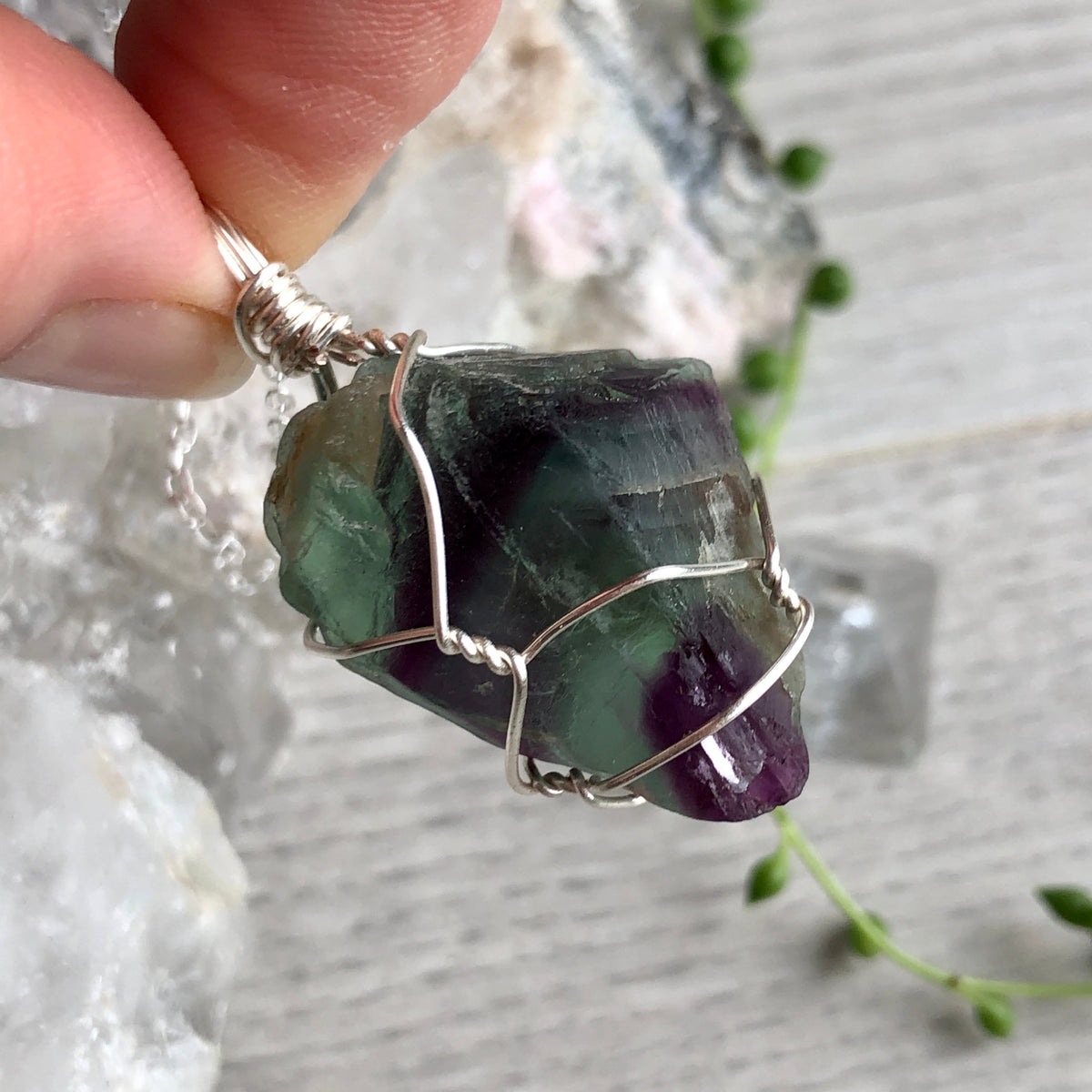 Rainbow fluorite (raw) wire wrapped crystal necklace on silver chain – Wholehearted Crystal Creations