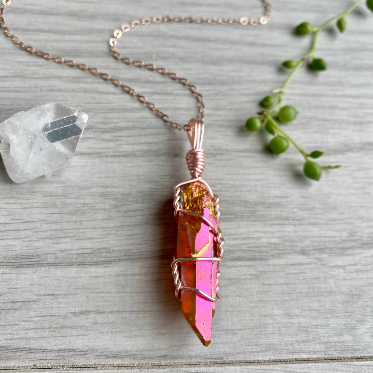 Sunset aura quartz wire wrapped crystal necklace on rose gold chain – Wholehearted Crystal Creations
