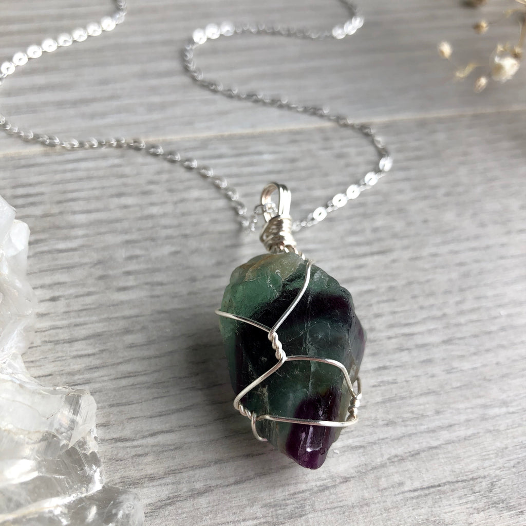 Rainbow fluorite (raw) wire wrapped crystal necklace on silver chain – Wholehearted Crystal Creations