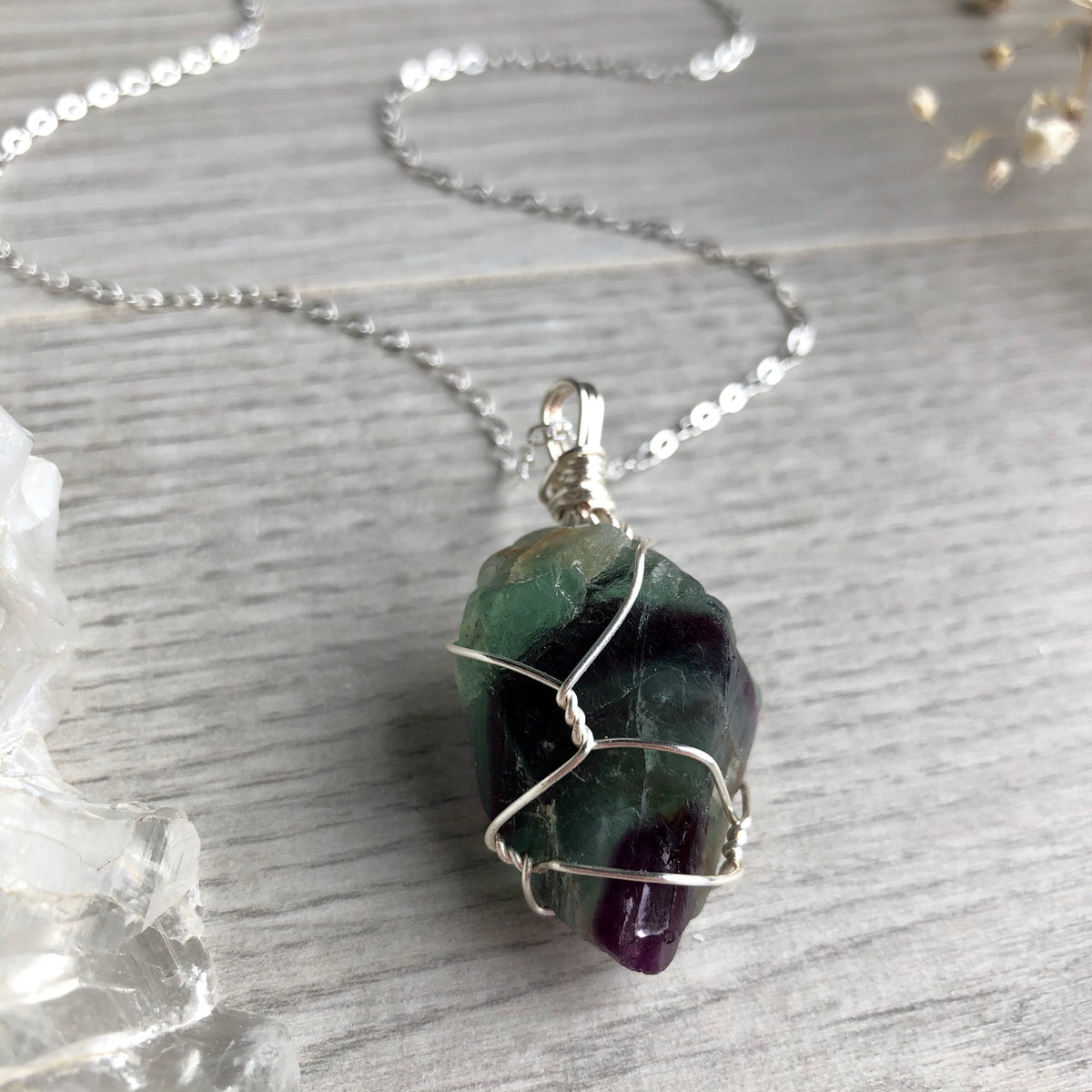 Rainbow fluorite (raw) wire wrapped crystal necklace on silver chain – Wholehearted Crystal Creations