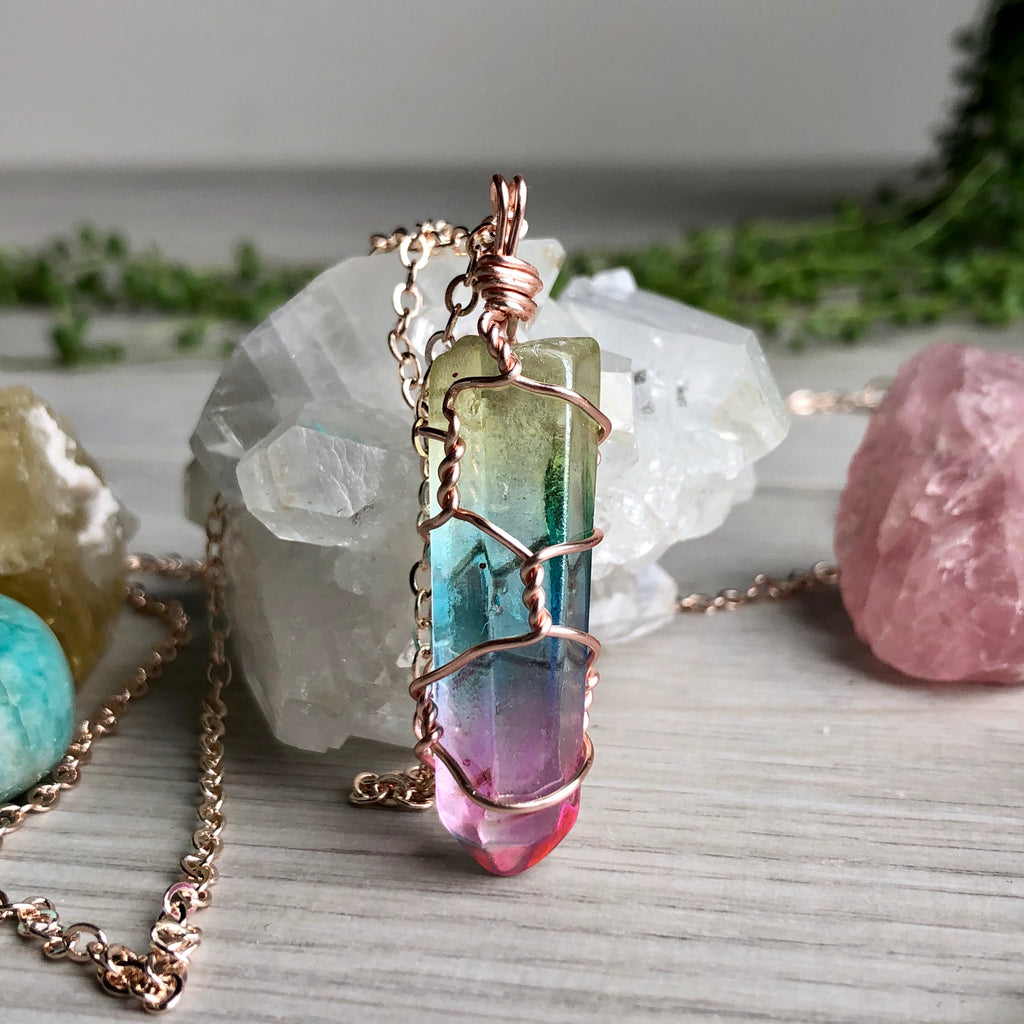 Rainbow aura quartz wire wrapped crystal necklace on rose gold chain – Wholehearted Crystal Creations