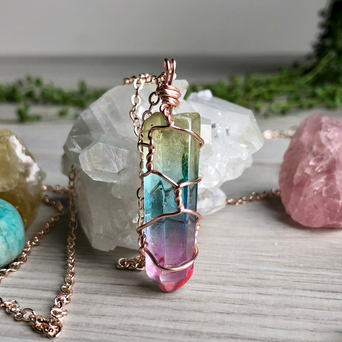Rainbow aura quartz wire wrapped crystal necklace on rose gold chain – Wholehearted Crystal Creations