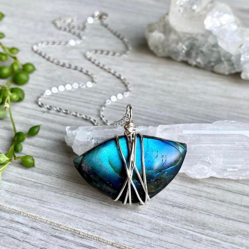 Labradorite wire wrapped crystal necklace