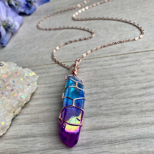 Aura quartz wire wrapped crystal necklace on rose gold chain – Wholehearted Crystal Creations