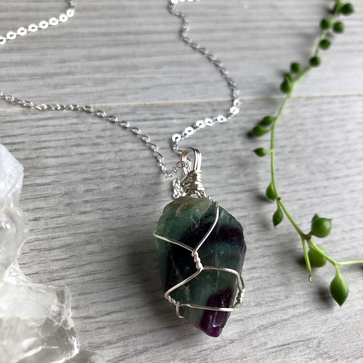 Rainbow fluorite (raw) wire wrapped crystal necklace on silver chain – Wholehearted Crystal Creations