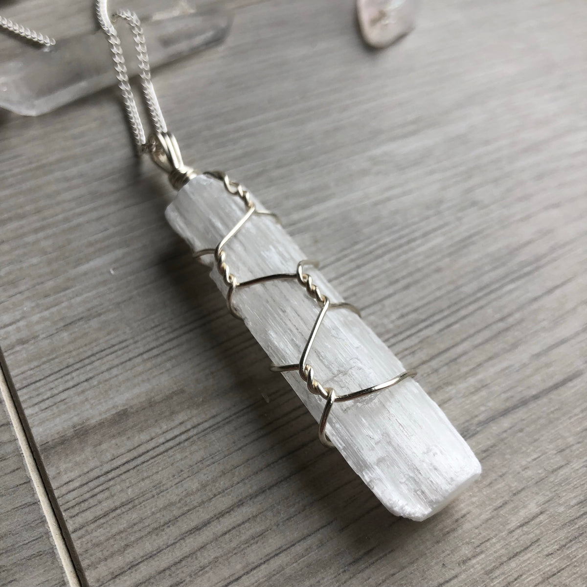 Selenite wire wrapped crystal necklace on silver chain – Wholehearted Crystal Creations