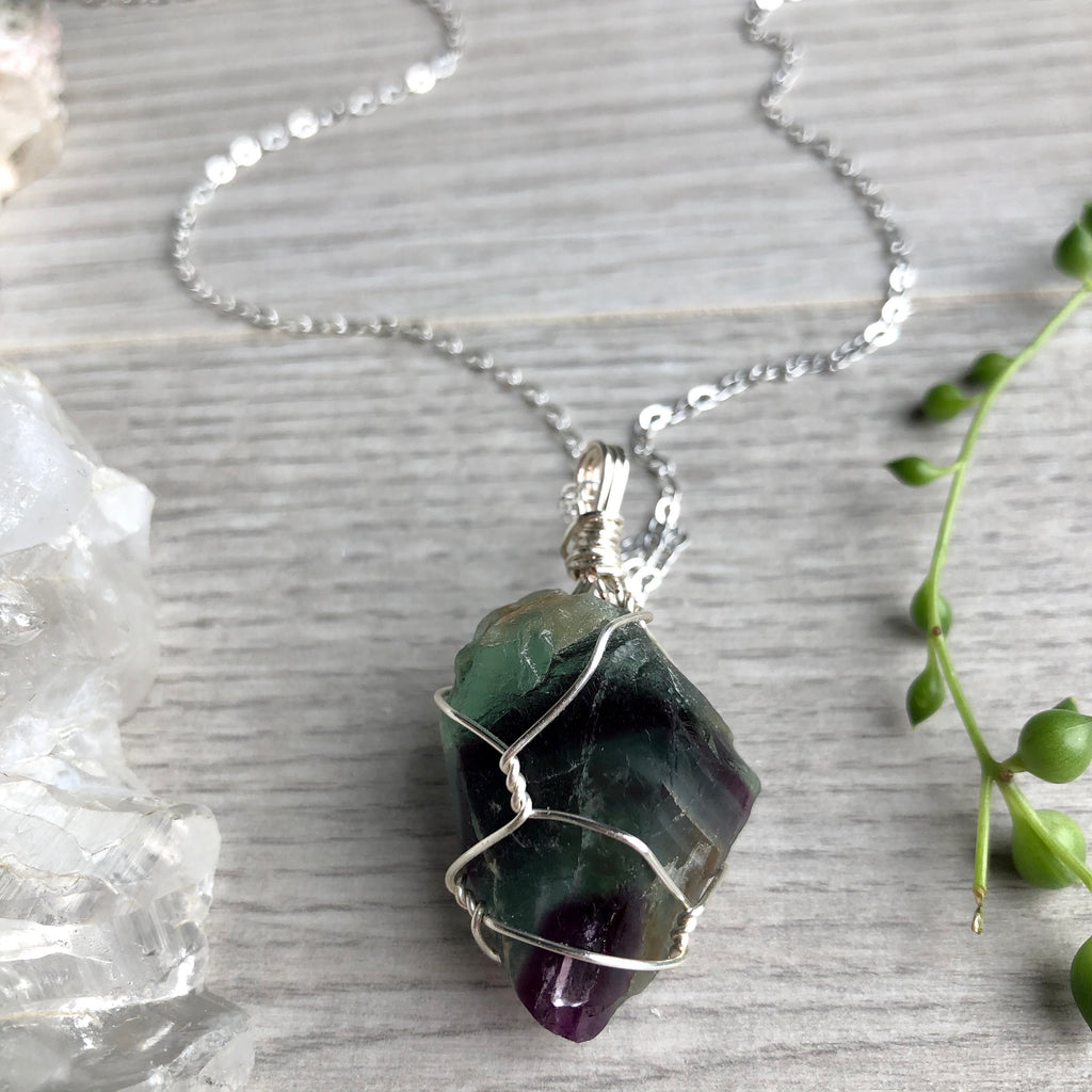 Rainbow fluorite (raw) wire wrapped crystal necklace on silver chain – Wholehearted Crystal Creations