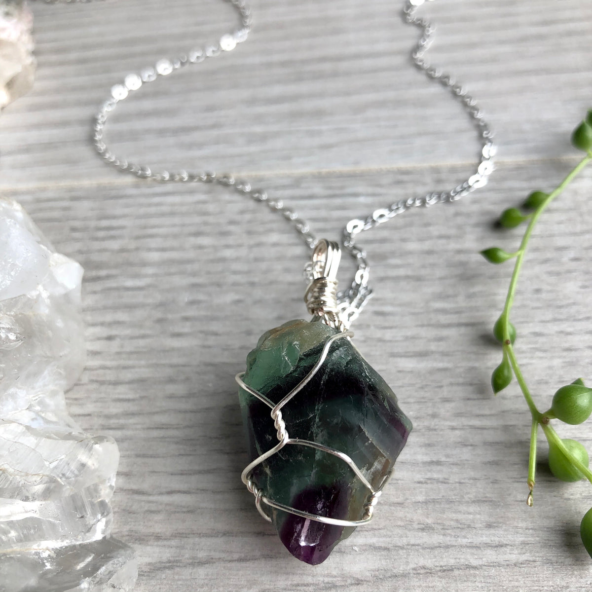 Rainbow fluorite (raw) wire wrapped crystal necklace on silver chain – Wholehearted Crystal Creations