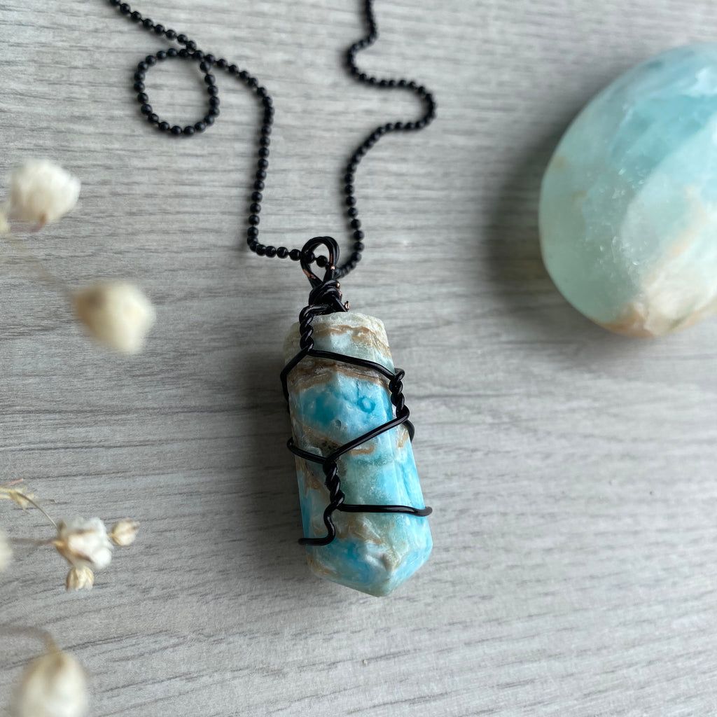 Blue aragonite (calcite) wire wrapped crystal necklace on black chain – Wholehearted Crystal Creations