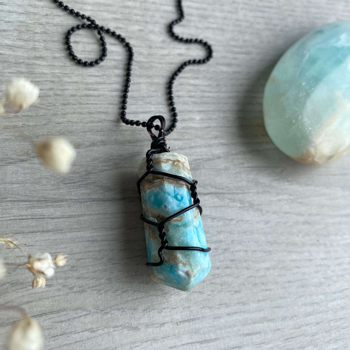 Blue aragonite (calcite) wire wrapped crystal necklace on black chain – Wholehearted Crystal Creations