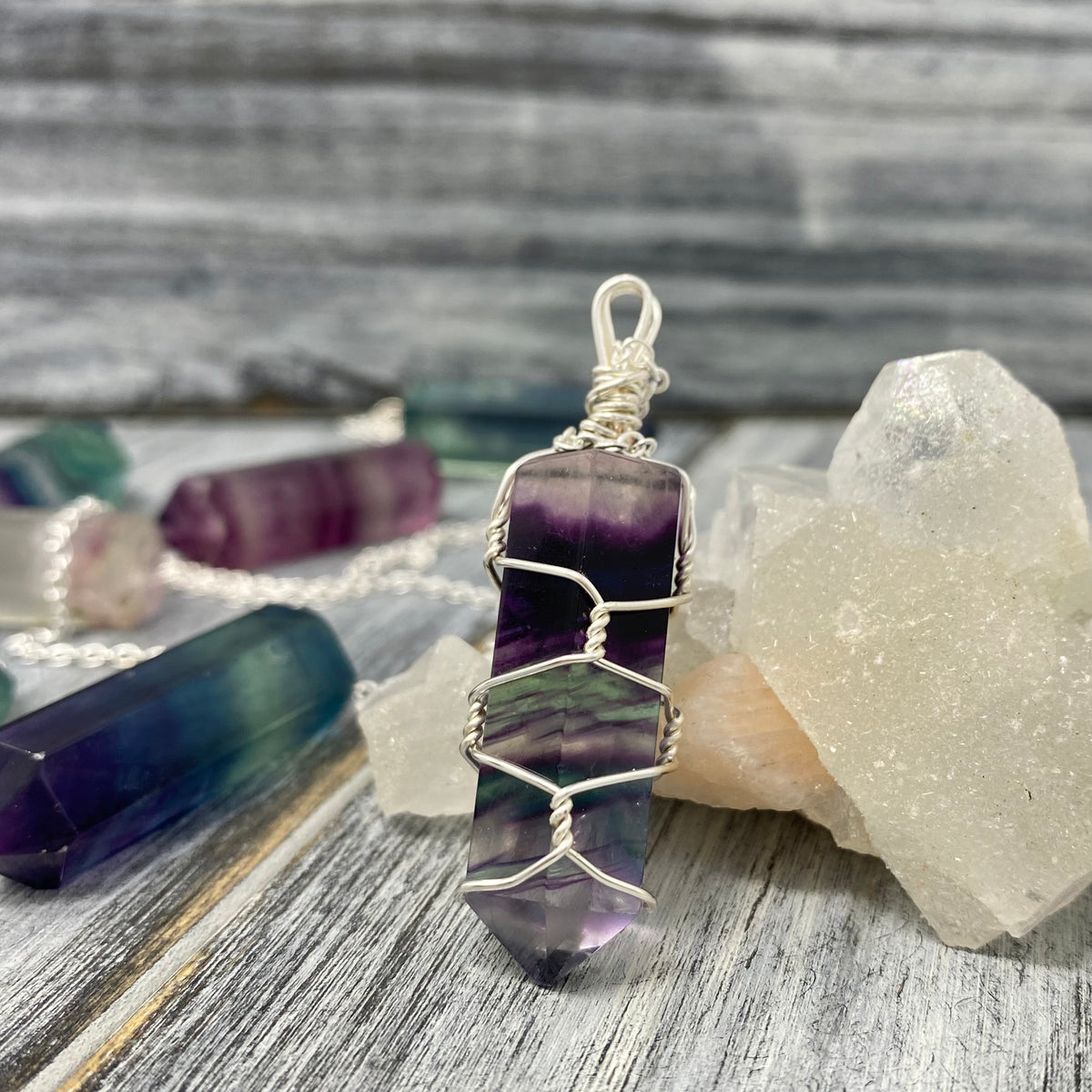 Rainbow fluorite wire wrapped crystal necklace on silver chain – Wholehearted Crystal Creations