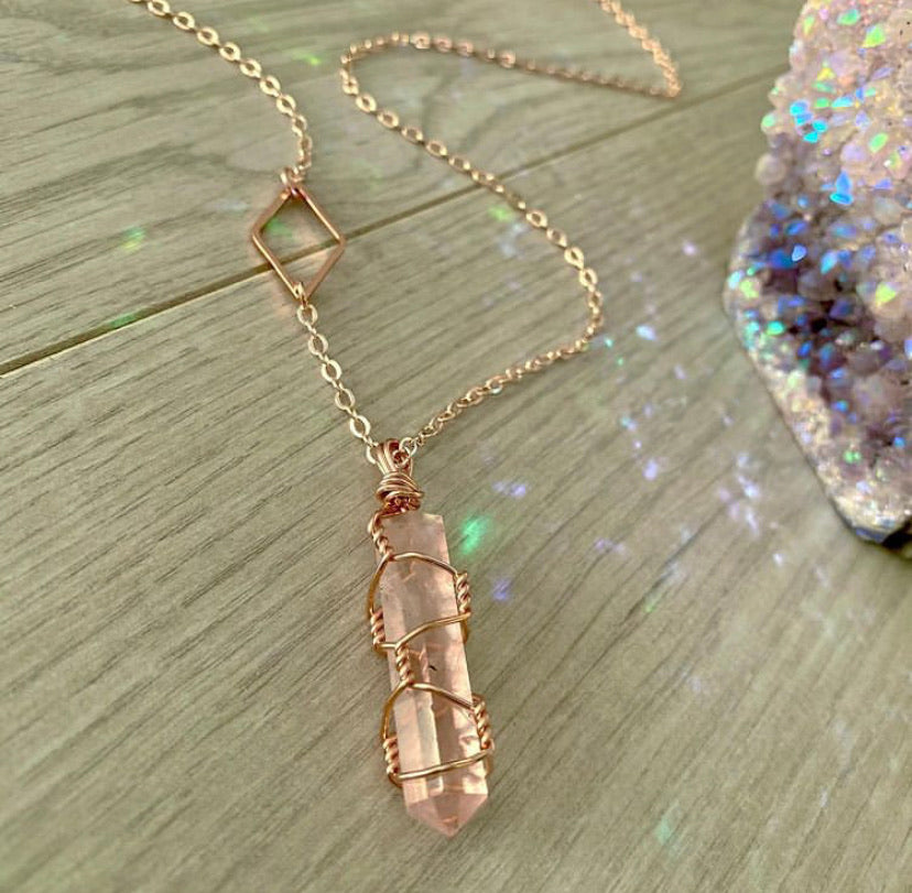 Rose quartz with diamond wire wrapped crystal necklace on rose gold chain – Wholehearted Crystal Creations