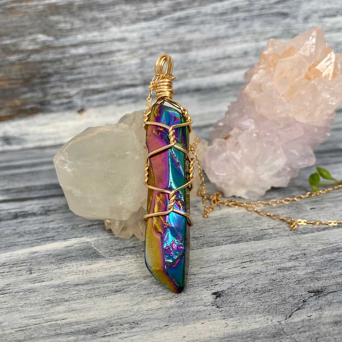 Titanium Aura Quartz Gold Wire Wrapped Necklace – Wholehearted Crystal Creations