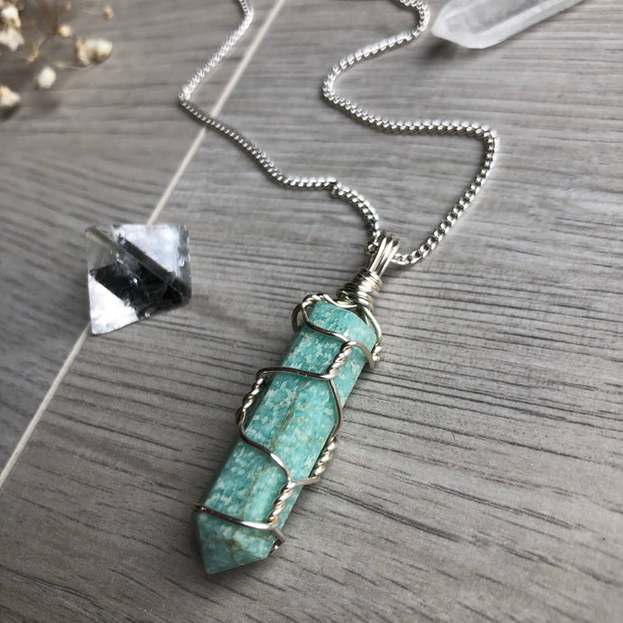 Amazonite wire wrapped crystal necklace