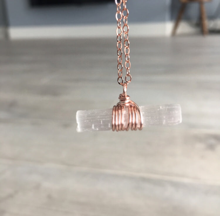 Selenite bar wire wrapped crystal necklace on rose gold chain – Wholehearted Crystal Creations